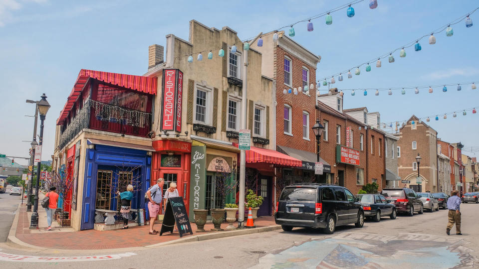 Little Italy district in Baltimore, Maryland, USA: May 5, 2018: Main street in Little Italy of Baltimore City.