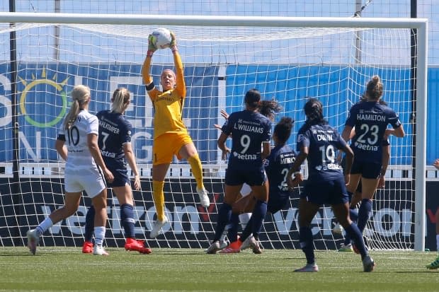 Labbé makes a save as goalkeeper for the North Carolina Courage of the National Women's Soccer League during the Challenge Cup in 2020.
