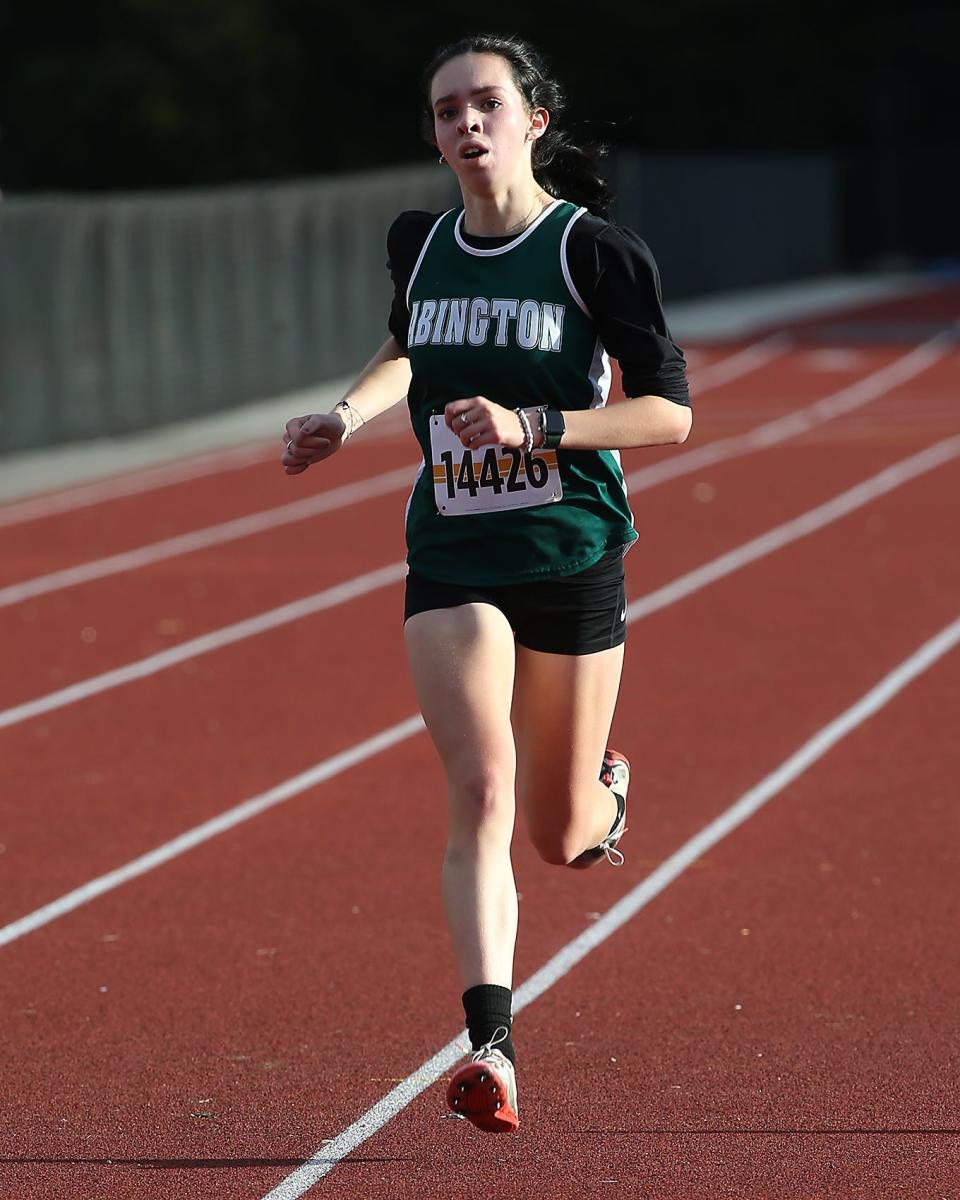 Abington’s Selena Wood eyes the finish line to take second overall with a time of 21:07.9 during their meet against Norwell at the Norwell Clipper Community Complex on Tuesday, Oct. 17, 2023. Norwell would remain unbeaten in the league cementing at least a share of the South Shore League title.