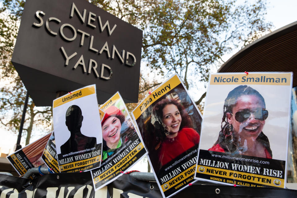 Images of victims of male violence, including Sarah Everard, Nicole Smallman and Bibaa Henry, during a vigil to mark the International Day For The Elimination Of Violence Against Women on 25 November. (Getty Images)                                                                                      