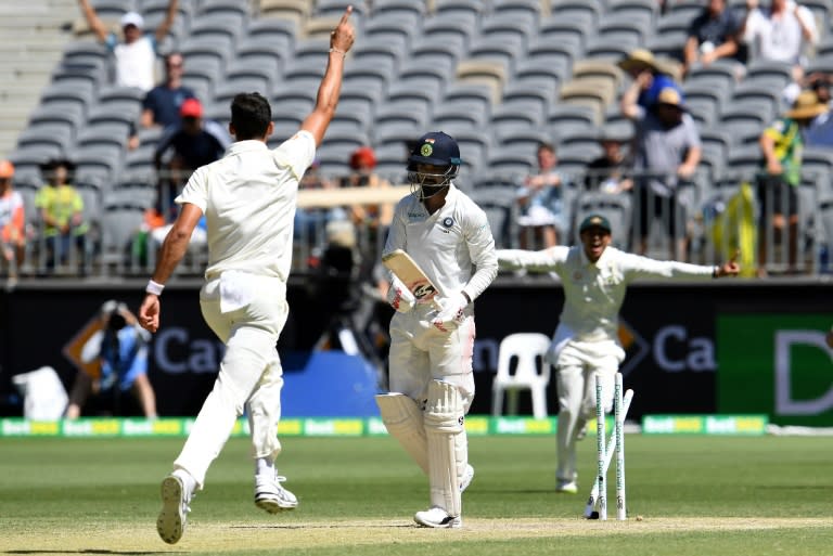 Australia's Mitchell Starc celebrates the wicket KL Rahul off the fourth ball of the second innings
