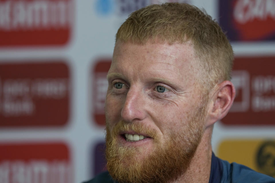 England's captain Ben Stokes gestures during a press conference on the eve of the third cricket test match against India in Rajkot, India, Wednesday, Feb. 14, 2024. (AP Photo/Ajit Solanki)