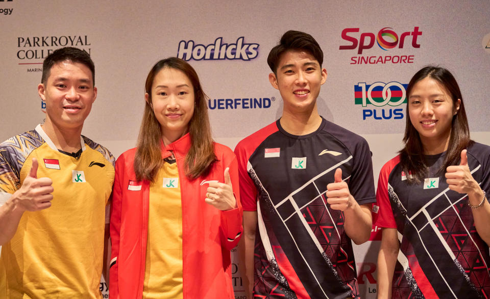 Singapore shuttlers taking part at the 2022 Singapore Badminton Open: (from left) Terry Hee, Tan Wei Han, Loh Kean Yew and Yeo Jia Min. (PHOTO: Eric Koh/Singapore Badminton Open)