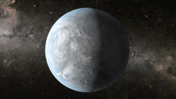 The artist's concept depicts Kepler-62e, a super-Earth planet in the habitable zone of a star smaller and cooler than the sun, located about 1,200 light-years from Earth in the constellation Lyra. Image released April 18, 2013.