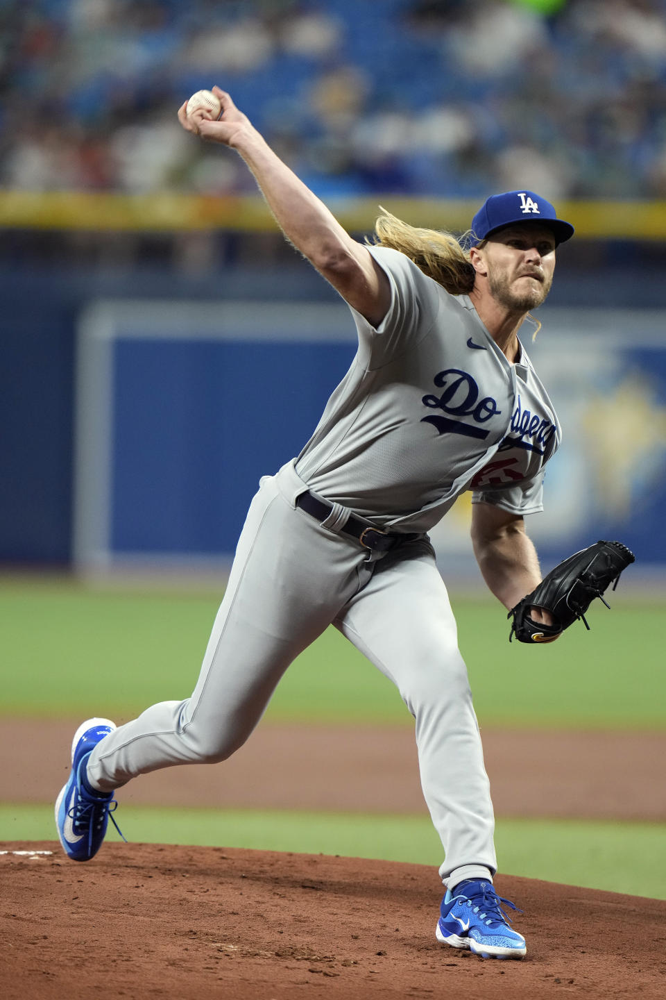 Los Angeles Dodgers' Noah Syndergaard pitches to the Tampa Bay Rays during the first inning of a baseball game Friday, May 26, 2023, in St. Petersburg, Fla. (AP Photo/Chris O'Meara)