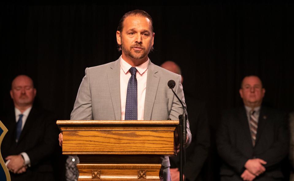 Carroll County Prosecutor Nick McLeland speaks during a 2022 press conference addressing updates regarding the investigation of the murders of Abby Williams and Libby German.