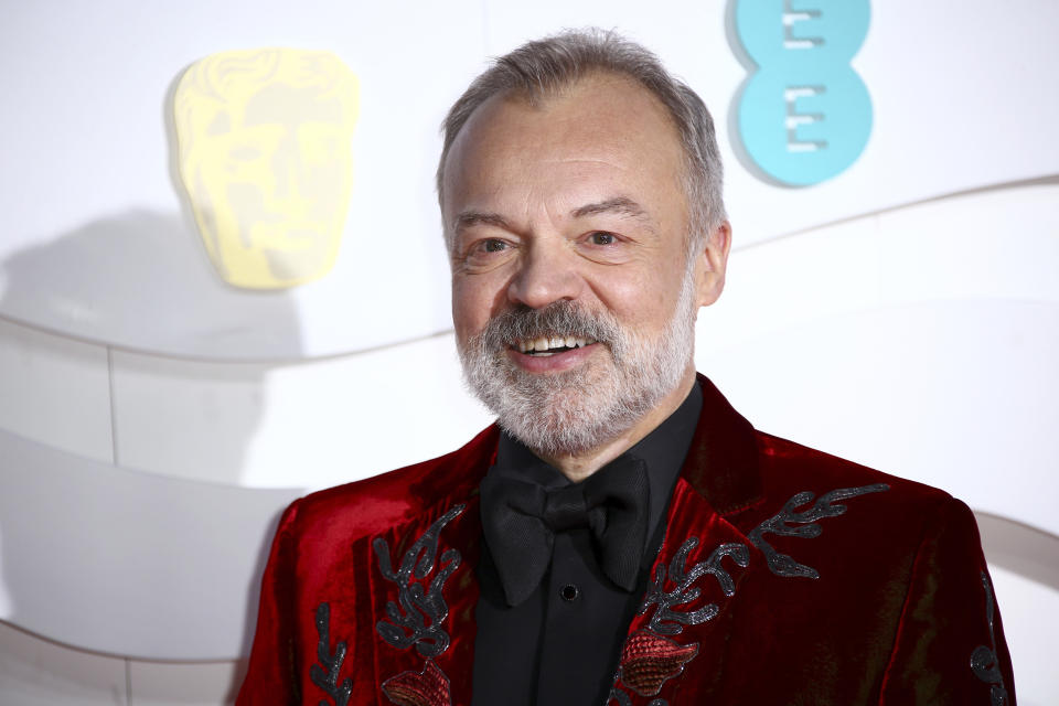 Host Graham Norton poses for photographers upon arrival at the Bafta Film Awards, in central London, Sunday, Feb. 2 2020. (Photo by Joel C Ryan/Invision/AP)