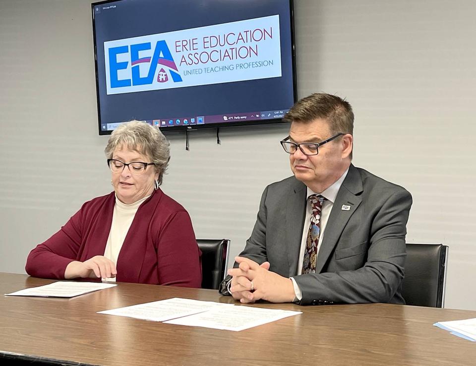 Mary Theuerkauf, president of the Erie Education Association, and Rich Askey, president of the Pennsylvania State Education Association are shown on April 25, 2023 addressing efforts to combat the teacher shortage at the local and state level.