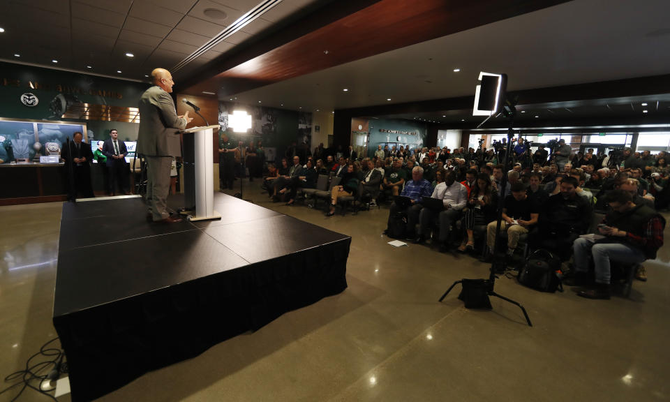 Steve Addazio addresses the crowd after an announcement that he has been hired as the new head football coach at Colorado State University at a news conference at the school Thursday, Dec. 12, 2019, in Fort Collins, Colo. (AP Photo/David Zalubowski)