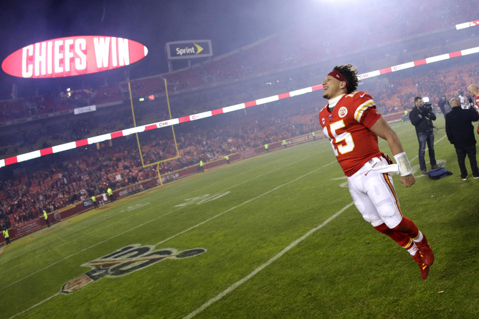 Kansas City Chiefs quarterback Patrick Mahomes celebrates as he comes off the field after an NFL divisional playoff football game against the Houston Texans, Sunday, Jan. 12, 2020, in Kansas City, Mo. (AP Photo/Charlie Riedel)