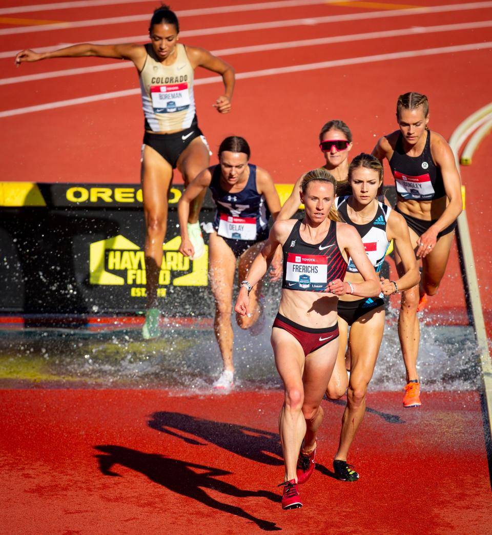 Courtney Frerichs navigates the water jump to win the first round of the women's 3,000 meter steeplechase at the USA Track and Field Championships at Hayward Field Friday, June 24, 2022, in Eugene, Ore.