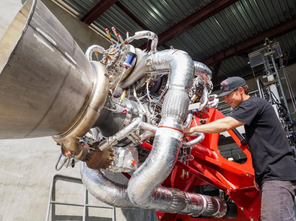 Rocket Lab's Archimedes engine for the Neutron launch vehicle is shown on a test stand at NASA's Stennis Space Center in Mississippi. (Rocket Lab) 