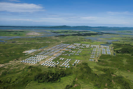 An aerial view of Hla Phoe Khaung transit camp for Rohingya who decide to return back from Bangladesh, is seen in Maungdaw, Rakhine state, Myanmar, September 20, 2018. Ye Aung Thu/Pool via REUTERS