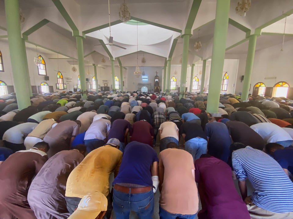 Libyan Muslims attend the Friday prayers at the mosque, in the aftermath of the floods in Derna, Libya September 15, 2023. (Esam Omran Al-Fetori/Reuters)