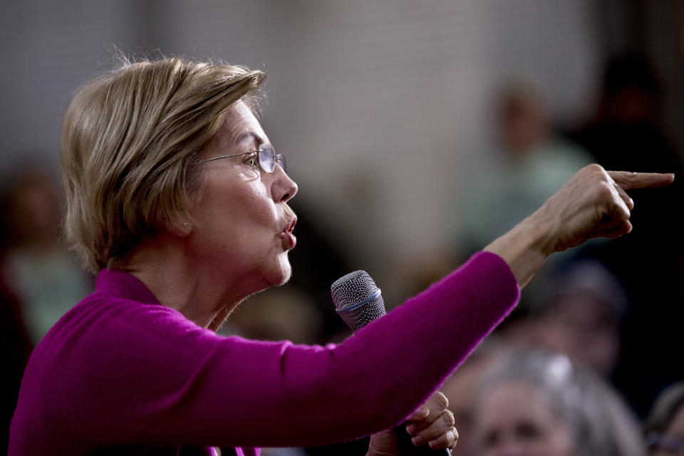 Democratic presidential candidate Sen. Elizabeth Warren, D-Mass., speaks at a rally at West Delaware High School, Saturday, Jan. 4, 2020, in Manchester, Iowa. (AP Photo/Andrew Harnik)