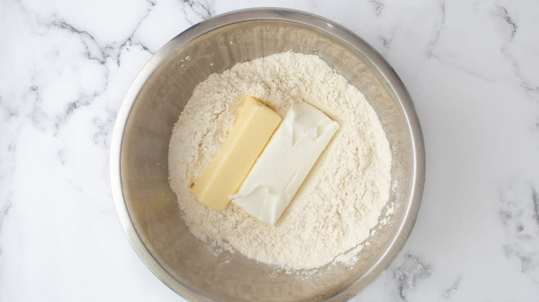 flour, butter, shortening in bowl