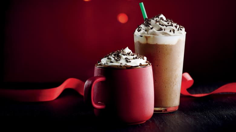 Blended Starbucks Peppermint Mocha next to hot Peppermint Mocha 