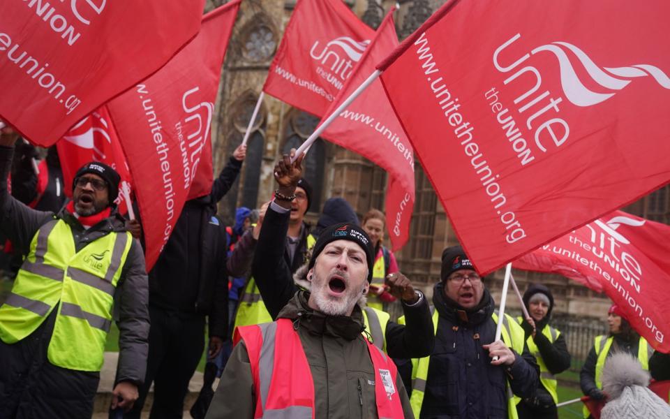 Workers from Tata's Port Talbot steelworks gather at College Green, in Westminster