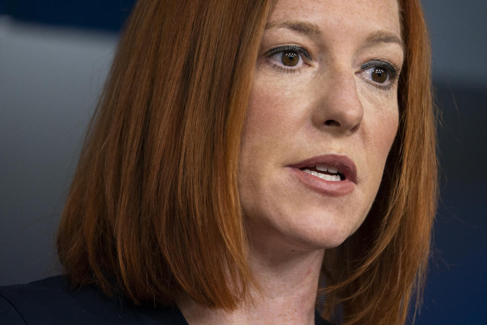 White House press secretary Jen Psaki speaks during a press briefing at the White House, Monday, April 5, 2021, in Washington. (AP Photo/Evan Vucci)