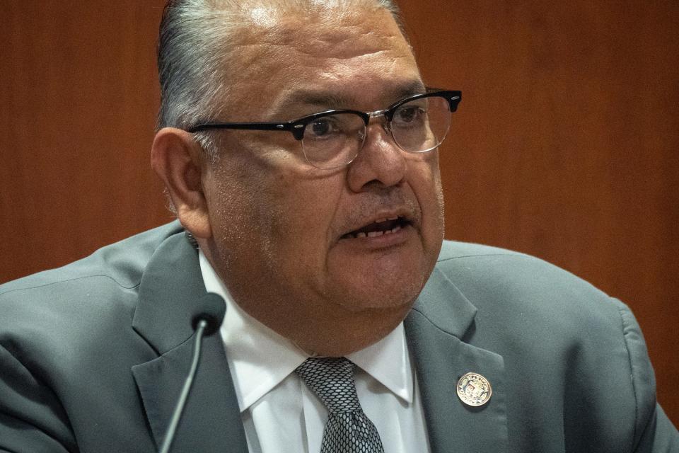 Director of Elections Reynaldo "Rey" Valenzuela testifies during the Kari Lake election challenge trial on May 17, 2023, in Maricopa County Superior Court in Mesa, Ariz.