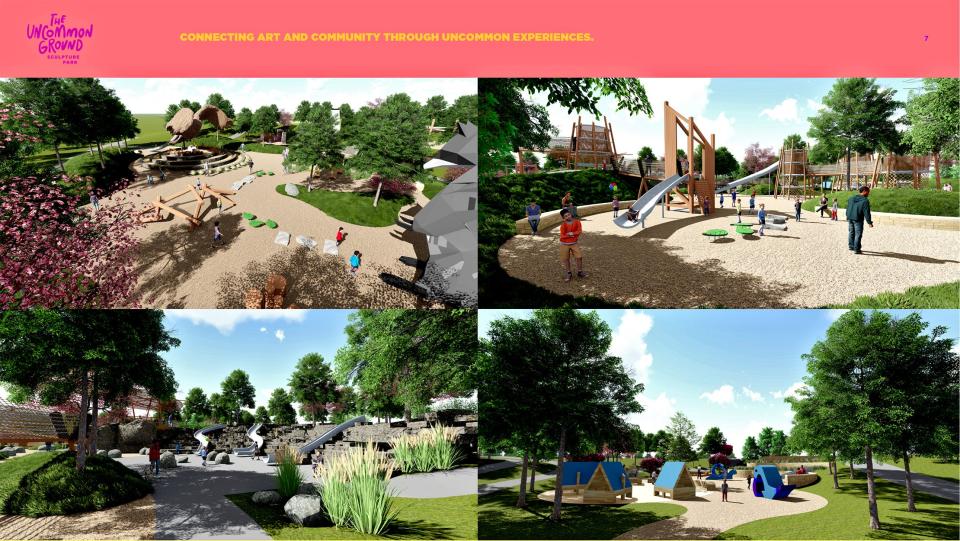 Various illustrations show what different parts of The Uncommon Ground Sculpture Park will look like once it is complete.