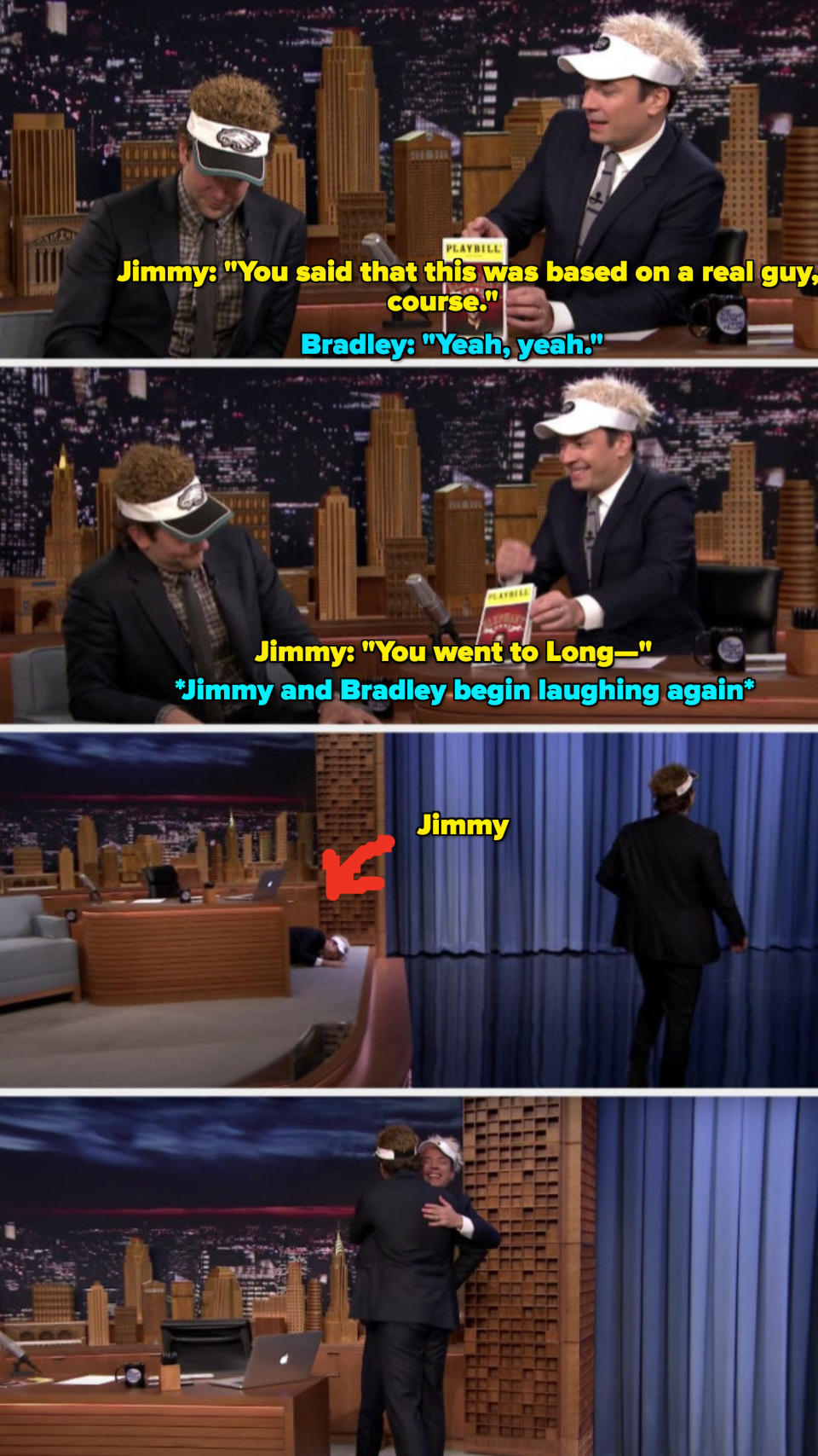 Jimmy Fallon and Bradley Cooper laugh then hug during an interview on "The Tonight Show"