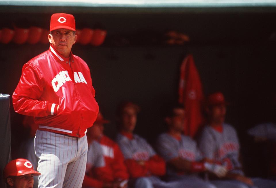 AUGUST 10, 1993: Manger Davey Johnson of the Cincinnati Reds in the dugout against the San Francisco Giants.