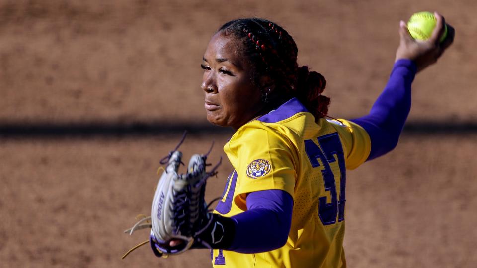 LSU Morgan Smith (37) pitches against Alabama during an NCAA softball game on Sunday, Feb 21, 2021 in Tuscaloosa, Ala. (AP Photo/Butch Dill)