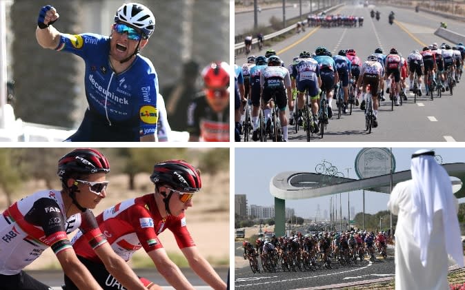 Action from stage six at the UAE Tour — Sam Bennett wins again at UAE Tour as leader Tadej Pogacar is handed 10sec time deduction - GETTY IMAGES