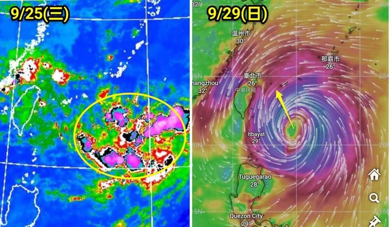 預測顯示燕子颱風若生成將會「朝台灣接近」，專家示警了。（圖／翻攝自觀氣象看天氣臉書）