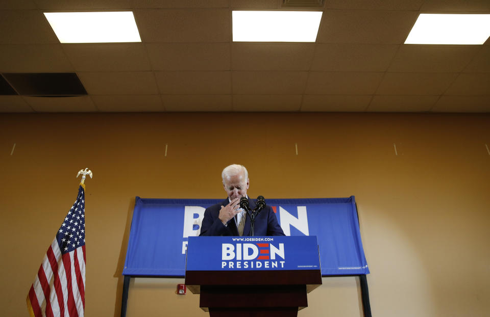 Former Vice President and Democratic presidential candidate Joe Biden reacts as he speaks at a rally with members of a painters and construction union, Tuesday, May 7, 2019, in Henderson, Nev. (AP Photo/John Locher)