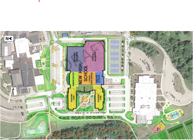 This layout, subject to possible change, shows a proposed new high school in Aurora between the current high school, left, and Harmon Middle School, right. The project is dependent upon school board approval, as well as voter approval of a bond issue.