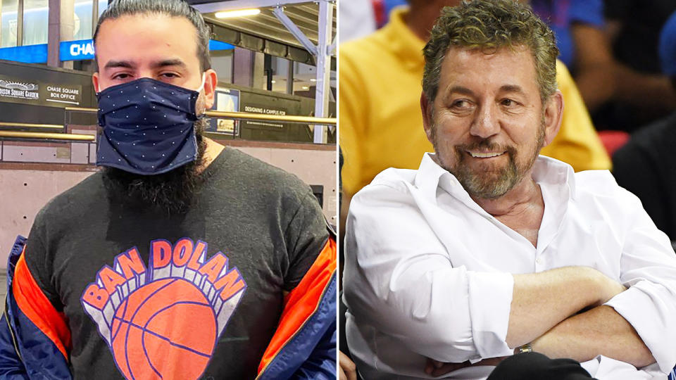 A New York Knicks fan was ejected from a recent NBA game at Madison Square Garden for wearing a shirt which said 'Ban Dolan' - referring to Knicks owner James Dolan. Pictures: Twitter/Getty Images