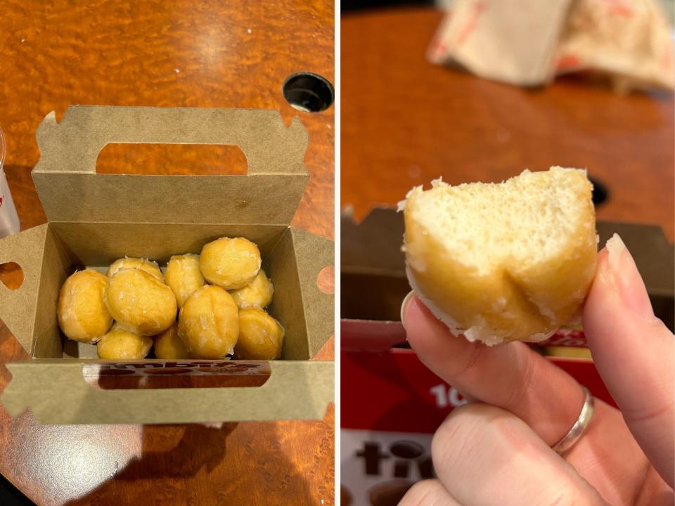 Side-by-side photos of a box of Timbits and one Timbit upclose.