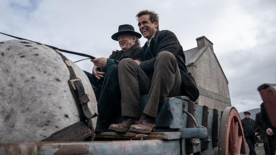 Brendan Gleeson (left) and Colin Farrell, who co-starred together in "In Bruges," have a good time on the Irish set of "The Banshees of Inisherin."