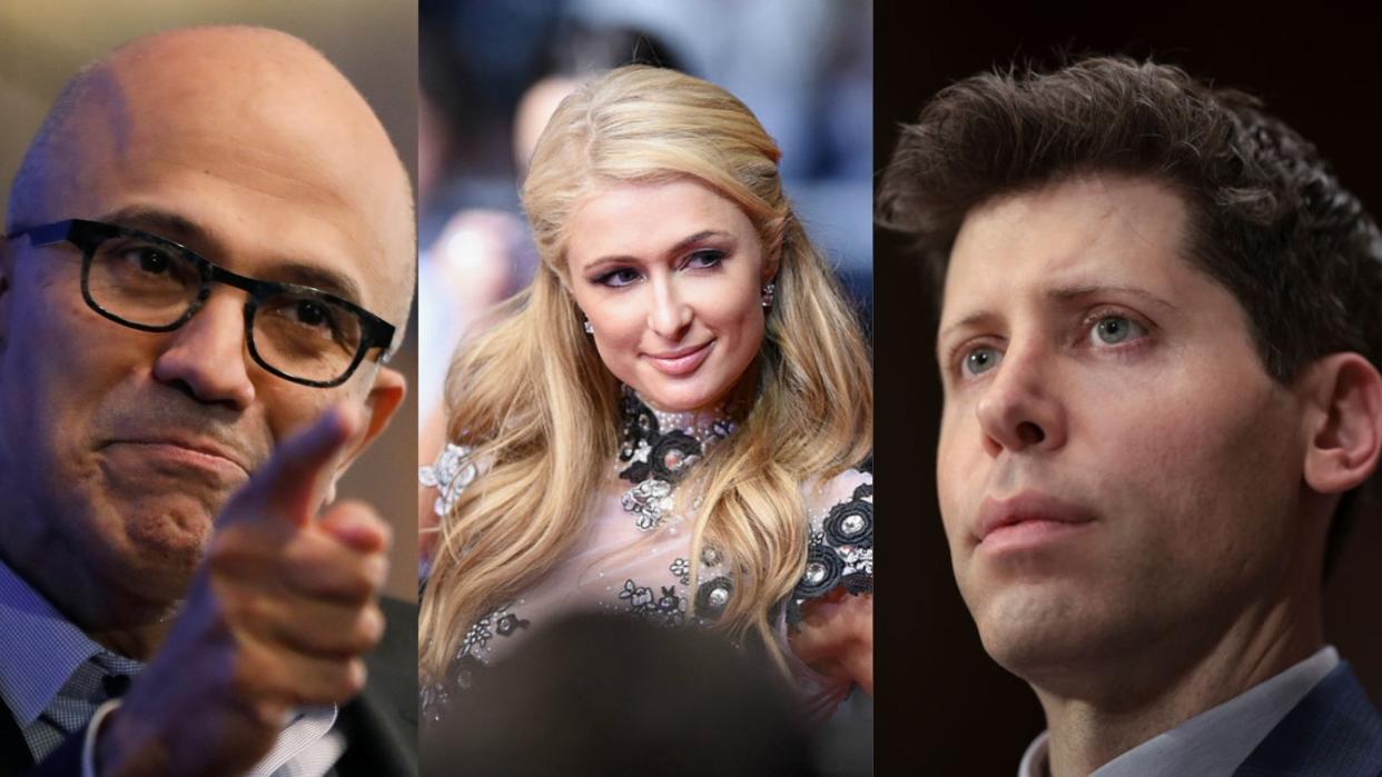 Microsoft-CEO Satya Nadella, ehem. It-Girl Paris Hilton und Open-AI-CEO Sam Altman bevorzugen geheime Orte für ihre Treffen.  - Copyright: Getty Images 