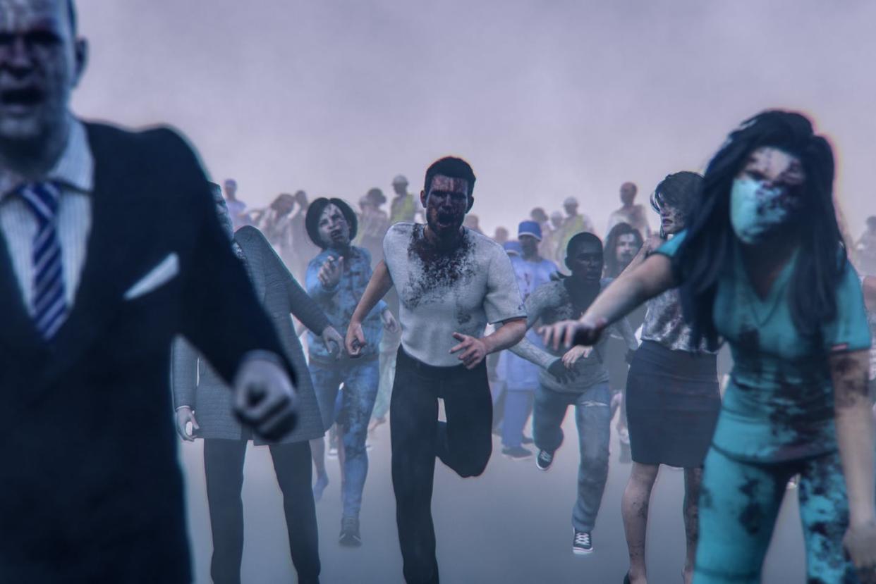 <span class="caption">It's not a stretch to say asymptomatic spreaders unwittingly engage in zombielike behaviors. </span> <span class="attribution"><a class="link " href="https://www.gettyimages.com/detail/photo/hordes-of-angry-walking-dead-zombies-royalty-free-image/908122164?adppopup=true" rel="nofollow noopener" target="_blank" data-ylk="slk:gremlin via Getty Images;elm:context_link;itc:0;sec:content-canvas">gremlin via Getty Images</a></span>
