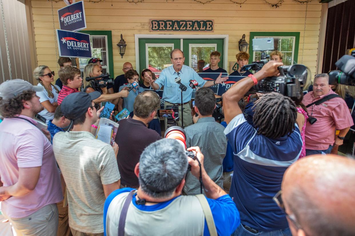Incumbent candidate Delbert Hosemann addresses media after speaking in the pavilion in Founders Square at the Neshoba County Fair in Philadelphia on Wednesday. Hosemann is running against Sen. Chris McDaniel for the Republican nomination for lieutenant governor.