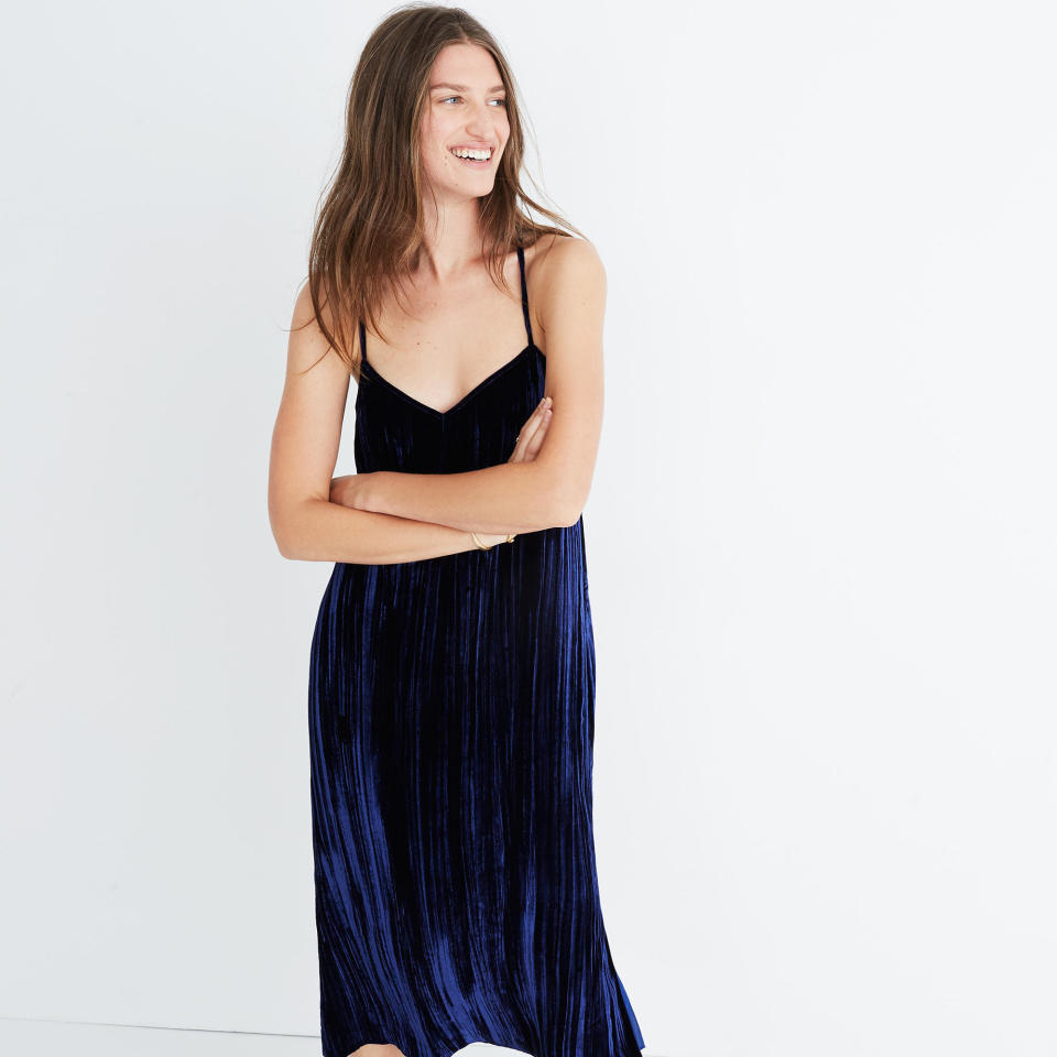 If you're looking for another color to wear besides green and red this holiday season, try <a href="https://www.madewell.com/madewell_category/DRESSES/midimaxidresses/PRDOVR~H2280/H2280.jsp" target="_blank">a striking sapphire blue</a>.