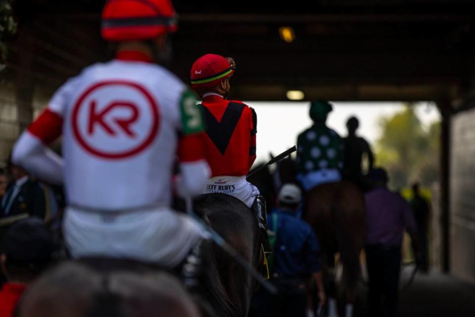 Horses enter the track during opening day of the Keeneland Fall Meet in Lexington, Ky., on Friday, Oct. 6, 2023.