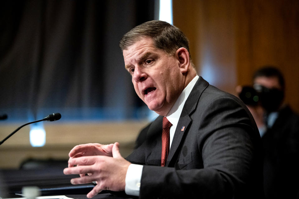Marty Walsh speaks during a Senate Health, Education, Labor, and Pensions confirmation hearing in Washington on Feb. 4, 2021. (Graeme Jennings / Bloomberg via Getty Images file)