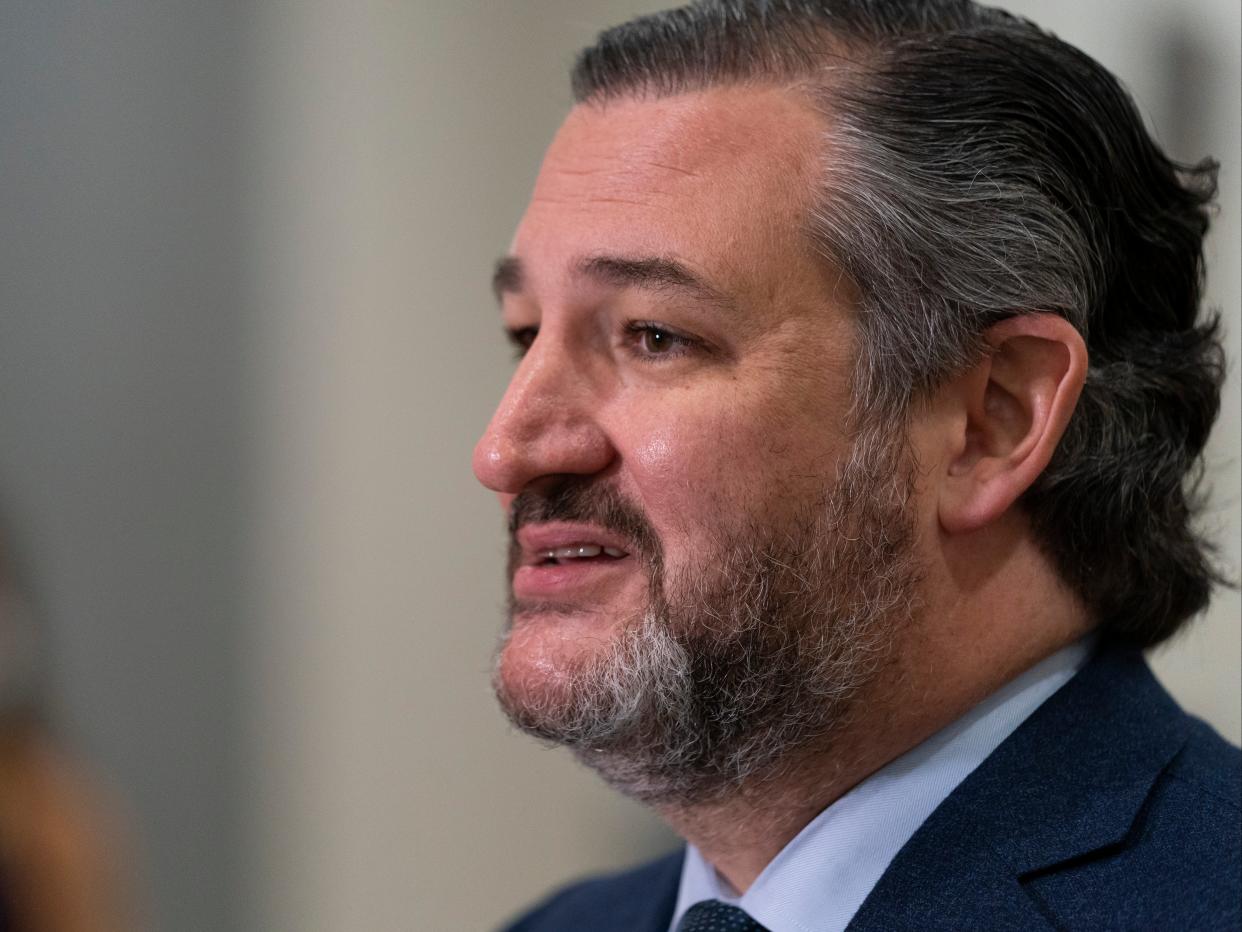 <p>Sen Ted Cruz speaks with reporters on Capitol Hill in Washington, Saturday, 13 February, 2021</p> (AP)