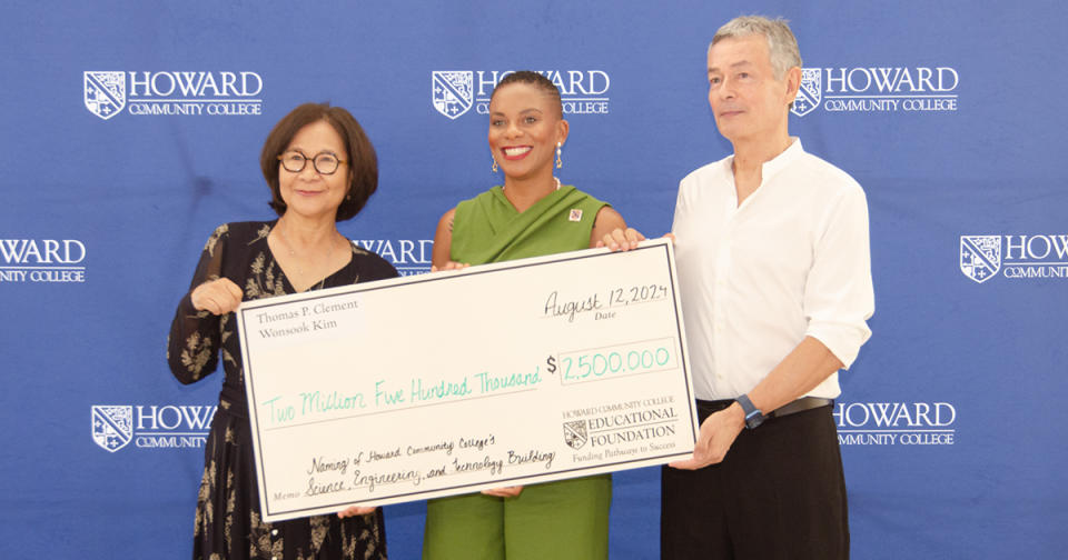 Thomas P. Clement and Wonsook Kim present a donation to the engineering program at Howard Community College. The donation of $2.5 million is the largest in the college's history. (from left to right) Wonsook Kim; Daria J. Willis, President of Howard Community College; Thomas P. Clement