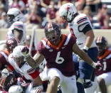 Virginia Tech defensive lineman Josh Fuga (6) celebrates a defensive unit stop in the first half of the Richmond Virginia Tech NCAA college football game in Blacksburg, Va., Saturday, Sept. 25 2021. (Matt Gentry/The Roanoke Times via AP)