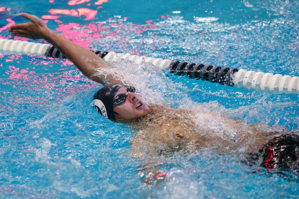 Framingham’s Bryce Casey competes int he 200-yard Individual Medley during the swim meet against Natick at Keefe Tech in Framingham on Jan. 21, 2022.