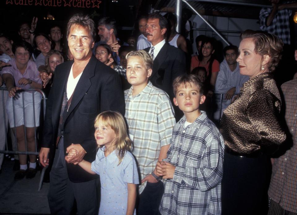 <p>Don Johnson brings his daughter Dakota, son Jesse, and stepson Alexander at the Tin Cup New York City premiere in 1996. </p>