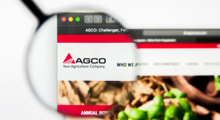 An image of AGCO's website, with a magnifying glass over the company logo.