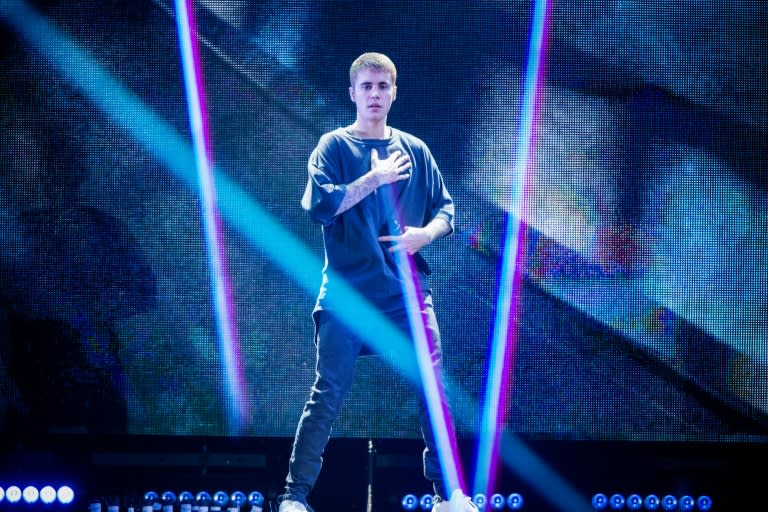 Canadian singer Justin Bieber performs on stage at Telia Parken Stadium in Copenhagen, on October 2, 2016