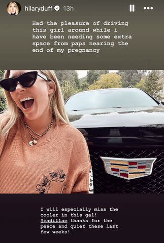 <p>Hilary Duff/Instagram</p> Hilary Duff shared a photo of a Cadillac on April 16