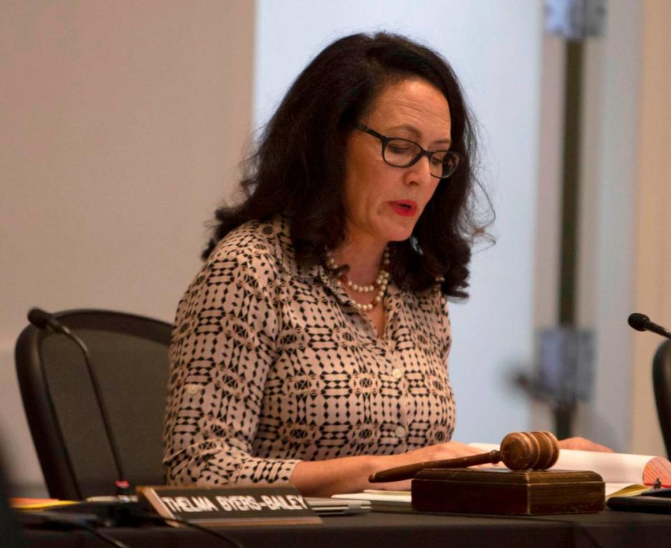 Charlotte-Mecklenburg Schools board chair Elyse Dashew, shown here in 2022, said the CMS superintendent interviews cannot be conducted in public.